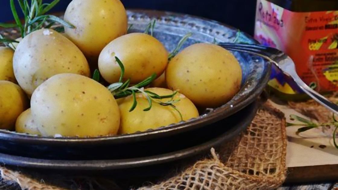 Молодой картофель с веточками зелени в миске