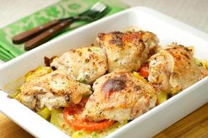 Курица с картофелем и помидорами на сковороде