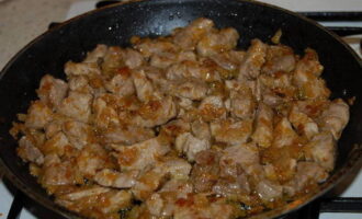 Лук и морковь мелко нарезать. Мясо нарезать кубиками. Сначала немного обжарьте лук, затем добавьте морковь и мясо, приправьте солью и приправой, перемешайте и подрумяните, пока жидкость не испарится.
